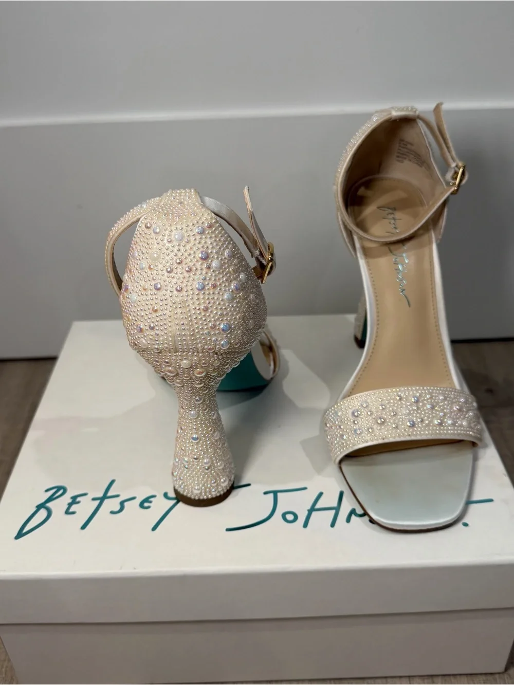 Betsey Johnson Ivory Pearl Embellished Ankle Strap Heels